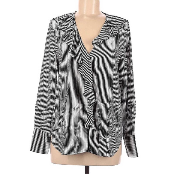 Zara Basic Collection Black White Ruffle Front Long Sleeve Button Down Blouse M - Picture 1 of 8